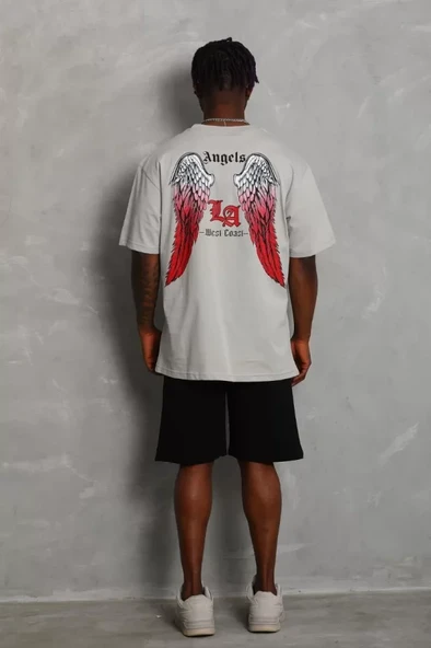 Unisex Oversize Baskılı Bisiklet Yaka T-Shirt - Gri - Resim 2