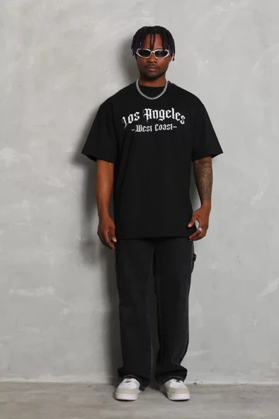 Unisex Oversize Baskılı Bisiklet Yaka T-Shirt - Siyah ürün görseli 1