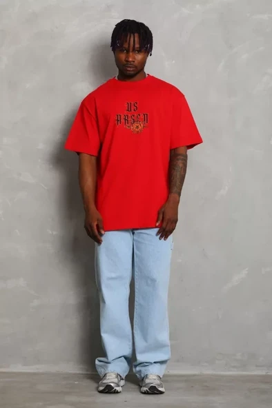Unisex Oversize Baskılı Bisiklet Yaka T-Shirt - Kırmızı - 2