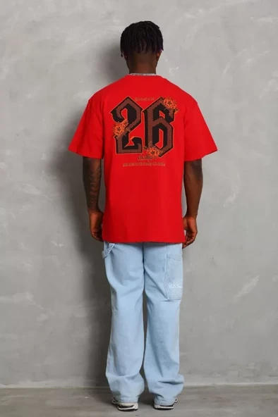 Unisex Oversize Baskılı Bisiklet Yaka T-Shirt - Kırmızı - 1