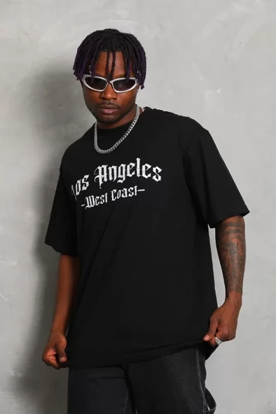 Unisex Oversize Baskılı Bisiklet Yaka T-Shirt - Siyah - Resim 3