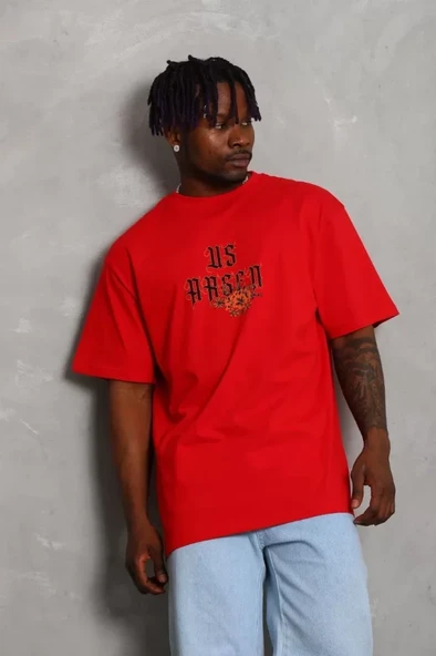 Unisex Oversize Baskılı Bisiklet Yaka T-Shirt - Kırmızı - 3