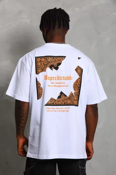 Unisex Oversize Baskılı Bisiklet Yaka T-Shirt - Beyaz - Resim 4