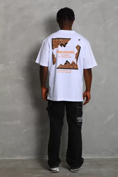 Unisex Oversize Baskılı Bisiklet Yaka T-Shirt - Beyaz ürün görseli 1