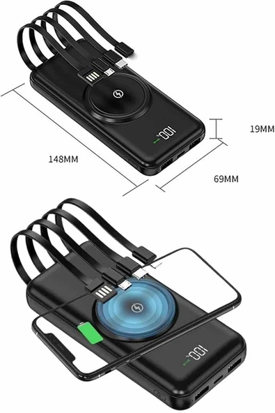 Wireless Powerbank 10000 Mah LED Ekranlı Dahili Kablolu Hızlı Şarj - 5