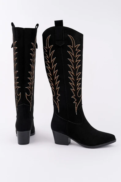 Muggo TEXAS Sivri Burun Nakışlı Kalın Topuklu Kadın Kovboy Western Çizme - 8