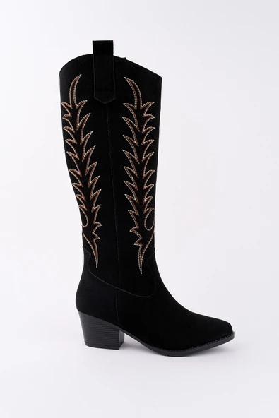 Muggo TEXAS Sivri Burun Nakışlı Kalın Topuklu Kadın Kovboy Western Çizme - 9