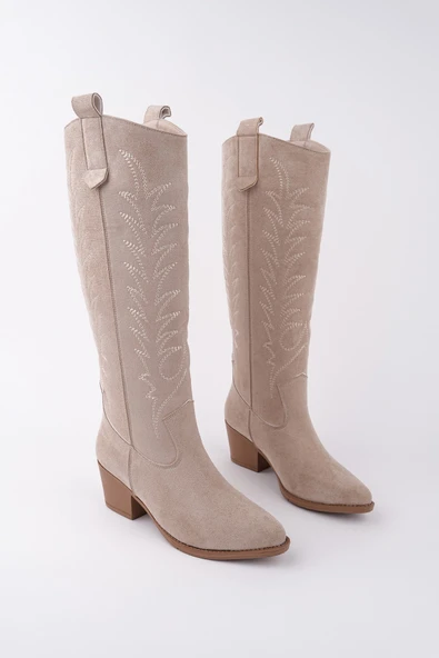 Muggo TEXAS Sivri Burun Nakışlı Kalın Topuklu Kadın Kovboy Western Çizme