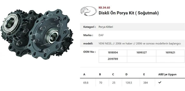 Daf Truck Dingil Poryası Ön Teker Diskli Rulmanlı Kit Sogutmalı  Daf Xf-Cf 2006 Sonrası - Kurtsan Kk.04.60 ürün görseli