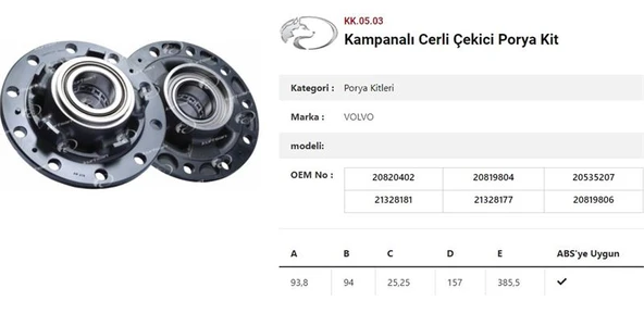 Volvo Truck Dingil Poryası Arka Teker Cerli Kampanalı Rulmanlı  Volvo Fh-Fm - Kurtsan Kk.05.03 ürün görseli