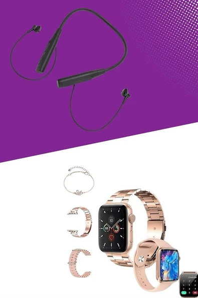 Kablolu Bluetooth Kulaklık ve Kadınlara Özel Bileklik Hediyeli Yeni Nesil Akıllı Saat 3 Kordonlu - Resim 4