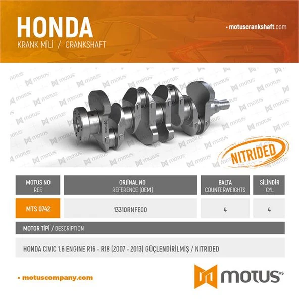 Honda Krank MILI Honda CIVIC 1.6 Motor R16 R18 Motor 2007 2013 (4 Balta) - Motus 742 ürün görseli 1