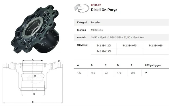 Mercedes Truck Dingil Poryası  On Teker Diskli  Mercedes Axor  Actros Em 2528 / 1840 / 1848 / 3240 / - Kurtsan Kp.01.02 ürün görseli