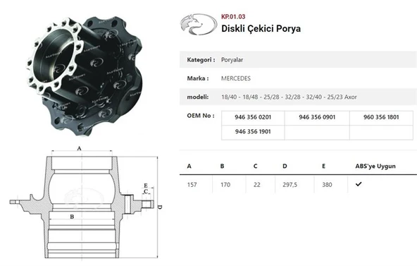 Mercedes Truck Dingil Poryası Arka Teker Mercedes  Axor Çekici 1840 / 1848 / 2528 / 3228 / 3240 / 2523 - Kurtsan Kp.01.03 ürün görseli