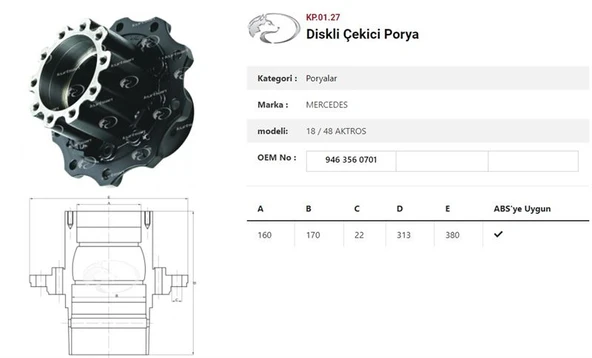 DINGIL  PORYASI ARKA TEKER ÇEKICI DISKLI 10 BIJON MERCEDES BENZ ACTROS 1848 - KURTSAN KP.01.27 - 1