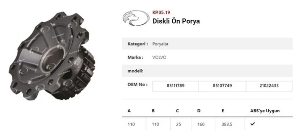 Volvo Truck Dingil Poryası Ön Teker Diskli Frezeli   Volvo Fm  Renault Truck - Kurtsan Kp.05.19 ürün görseli