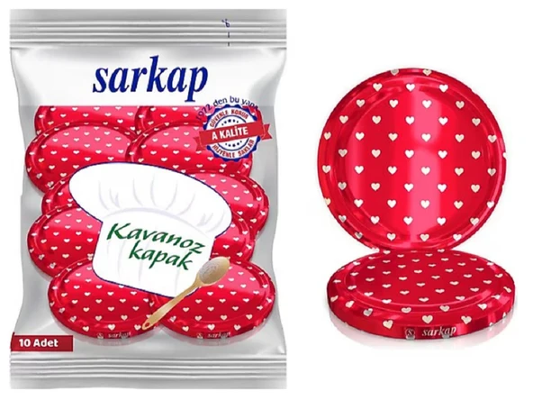Sarkap Hijyenik Paketli 10 Adet Kavanoz Kapağı - Kırmızı Kalp- 82 mm