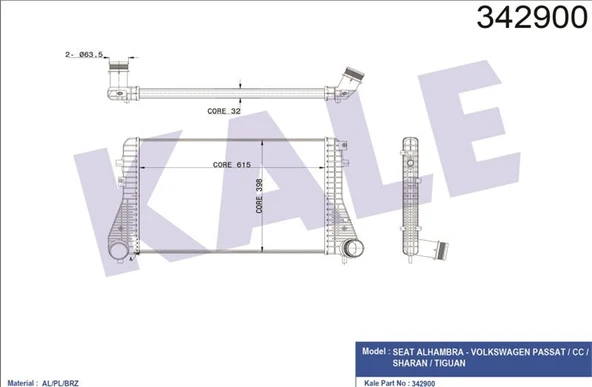 Vag Turbo Radyatoru (intercooler) Passat / CC Tiguan Sharan Alhambra 2,0tdi 08>> - Kale 342900 ürün görseli