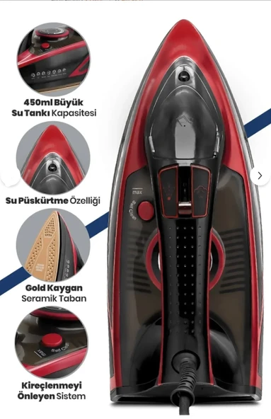 GOLDMASTER PROJET 2600 WATT SERAMİK TABANLI 160 GR ŞOK BUHARLI ÜTÜ - Resim 3