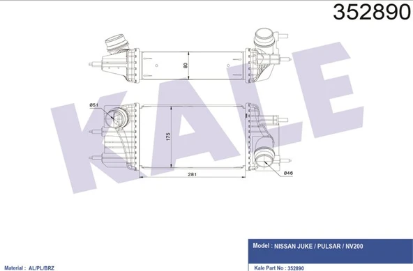 Nissan İntercooler Nissan Juke 1.5dci 2010> Pulsar 1.5dci 2014> Turbo Radyatoru - Kale 352890 ürün görseli