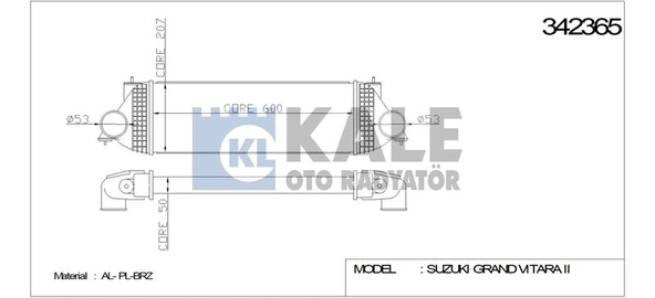 Suzukı Turbo Radyatoru (intercooler) Grand Vitara II 1,9 Ddis 05>15 (600×207×50) - Kale 342365 ürün görseli