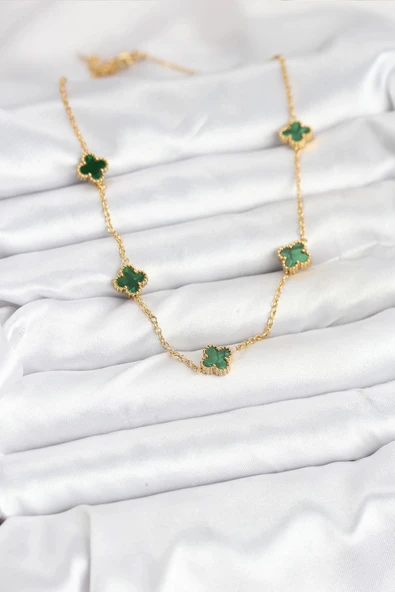 316L Çelik Zincir Gold Renk Yeşil Baby Boy Yonca Kadın Kolye - 2