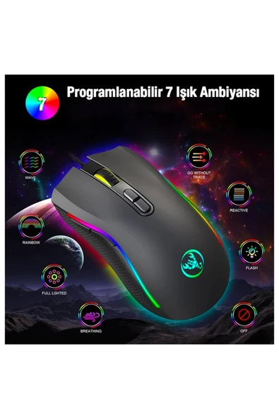 Akman HXSJ A869 7200DPI Ayarlanabilir RGB Işık Gaming Oyuncu Mouse-(1903) - ACL6205626-5324 - Resim 2