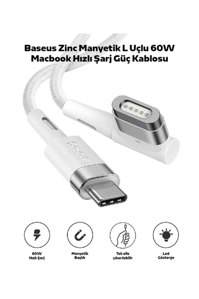 Akman Zinc Manyetik L Uçlu 60W Macbook Hızlı Şarj Güç Kablosu 2m-(1903) - ACL6206989-8284 - Resim 2