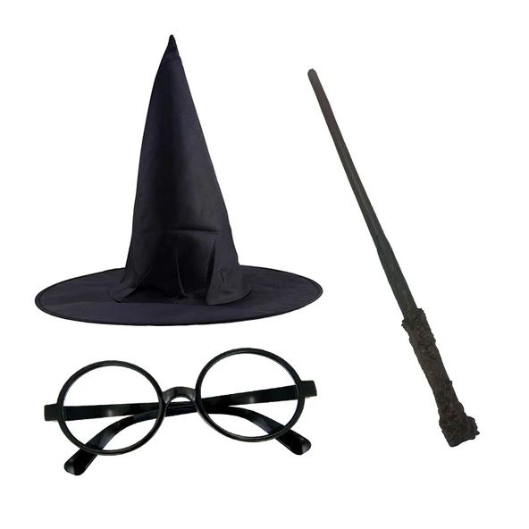 Harry Potter Siyah Şapkası Harry Potter Gözlüğü Harry Potter Asası 3 lü Set ürün görseli
