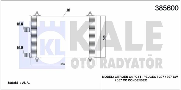 KLIMA RADYATORU (KONDANSER) P307 C4 2.0HDI 8V / 16V 01>OLCU: (540×358×16) - KALE 385600 - 1