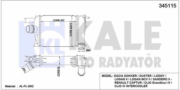 Renault Turbo Radyatoru D.dokker Duster Lodgy Logan II Logan MCV II Sandero II R.captur Clio IV 1.0 Tce 1.2 - Kale 345115 ürün görseli