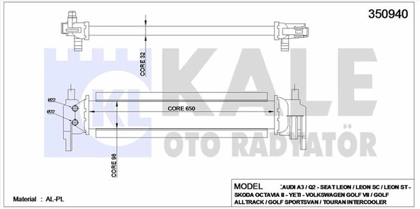 Vag Turbo Radyatoru Golf VII 12> Touran 15> Audı A3 12> Q2 16> Leon 12> Octavıa III 12> Yeti 15>17 - Kale 350940 ürün görseli