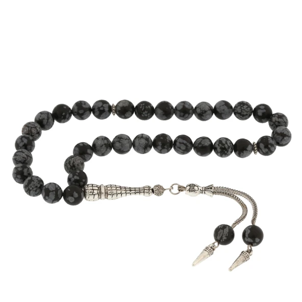 ​Doğaltaş Metal Püsküllü Obsidyen Taşı Tesbih - 4