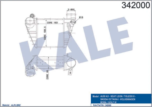 Vag Turbo Radyatoru İntercooler Golf IV Bora A3 Octavıa Toledo Leon 1,9 Tdi 98>06 - Kale 342000 ürün görseli