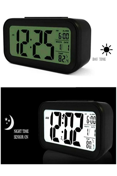 Işıklı Dereceli Masa Ofis Saati Alarmlı Termometre Takvim Çalar Saat - 4