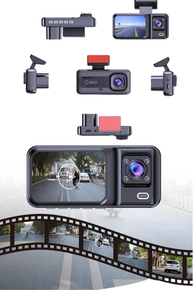 1080P 3 Lensli WİFİ Araç İçi Kameralı Ekran DVR Kaydedici Gece Görüşlü - Resim 4