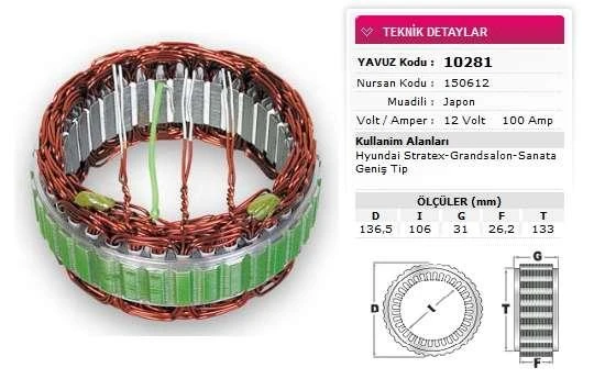 Mitsubıshı Stator Mitsubıshı Tip 12v 110a Hyundaı Stratex Grandsalon Sanata Genis Tip Nursan 150612 - Yavuz 10 281 ürün görseli