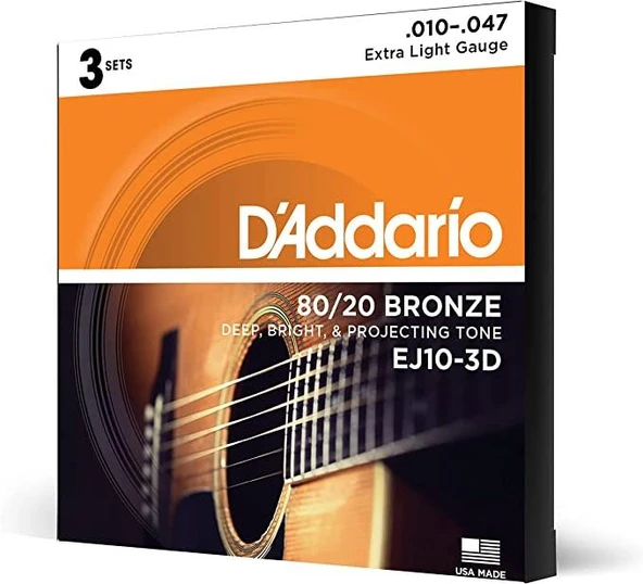 DADDARIO EJ10-3D DADDARIO EJ10-3D AKUSTİK GİTAR TEL SETİ, 3'LÜ PAKET, 10-47, 80/20 BRONZE, EXTRA LIGHT ürün görseli