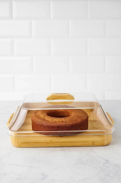 Bambum Modica - Akrilik Kapaklı Bambu Kek Fanusu Dikdörtgen Büyük - Resim 2