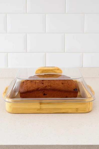 Bambum Modica - Akrilik Kapaklı Bambu Kek Fanusu Dikdörtgen Küçük - Resim 2