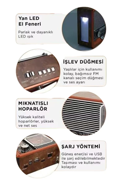 Vintage Nostaljik Radyo AUX USB SD Kart Girişli Şarjlı Bluetooth Bağlantılı - 5