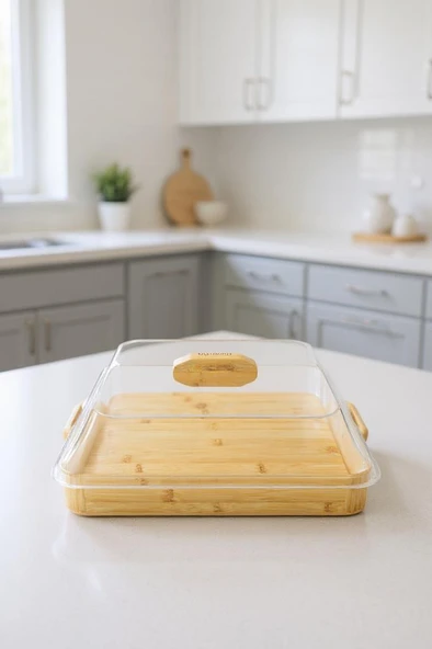 Bambum Modica - Akrilik Kapaklı Bambu Kek Fanusu Kare Büyük ürün görseli