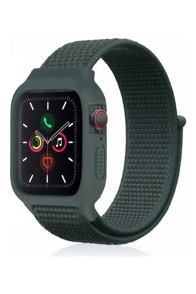 Akman Apple Watch 38mm Hasırlı Cırtcırtlı Kasalı Kordon - Haki Yeşil - ACL6203959-7141