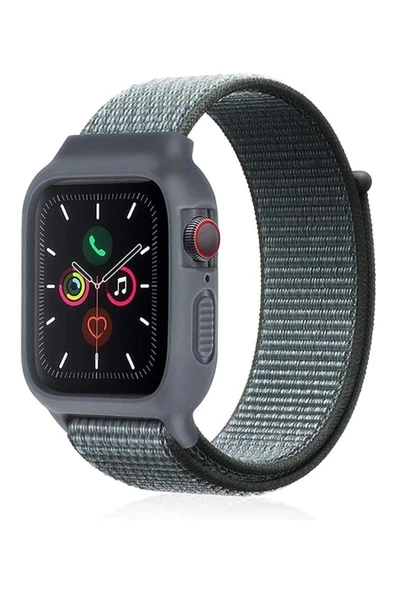 Akman Apple Watch 38mm Hasırlı Cırtcırtlı Kasalı Kordon - Gri-Turkuaz - ACL6207963-1287