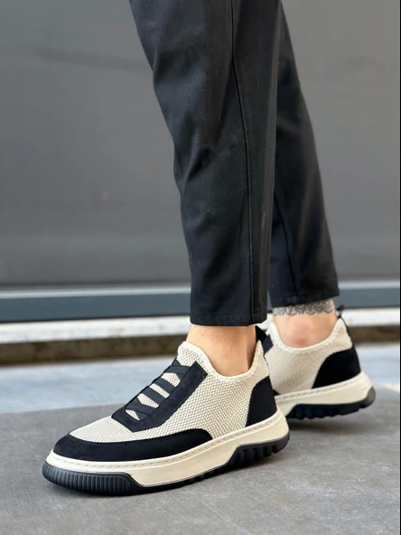 ET0911 Özel Örme Triko Deri Tozu Detaylı Bej Siyah Günlük Spor Ayakkabı - Resim 3