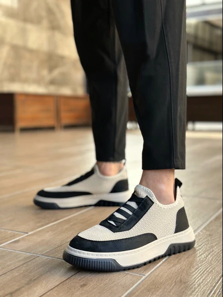 ET0911 Özel Örme Triko Deri Tozu Detaylı Bej Siyah Günlük Spor Ayakkabı - Resim 2