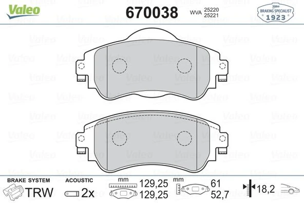 Psa On Fren Balatası C4 (b7) 1,4 Vti,1,6 Hdi (11 / 2009 ); Ds4 1,6 Hdi,1,6 E Hdi (04 / 2011 ) - Valeo 670038 - Resim 1