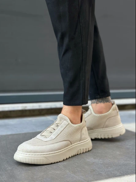 ET0911 Özel Örme Triko Deri Tozu Detaylı Bej Günlük Spor Ayakkabı ürün görseli