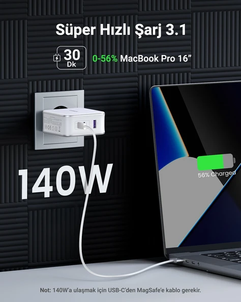 UGREEN Nexode 140W GaN 3 Portlu Hızlı Şarj Cihazı 1xUSB-A, 2xUSB-C QC 4.0 PD 3.1, Beyaz, 15339 - 7