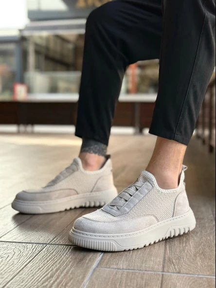 ET0911 Özel Örme Triko Deri Tozu Detaylı Bej Günlük Spor Ayakkabı - Resim 2